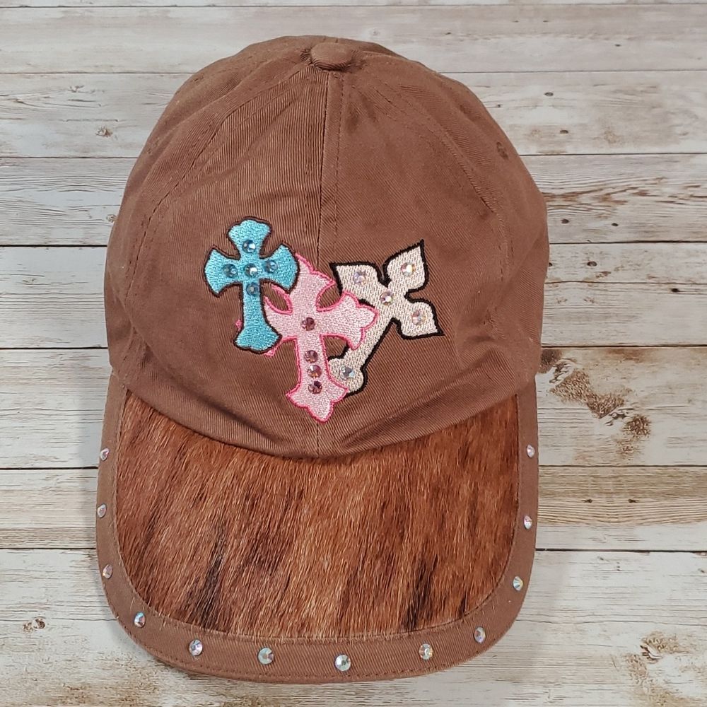 M&F Western Products Ladies Rhinestone Crosses Pony Hair Fur Baseball Cap Hat